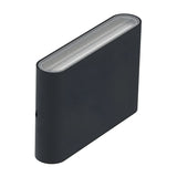 A Jens-2 LED Outdoor Wall Light in black showcases a sleek design with a rectangular shape, rounded edge, and textured top surface reminiscent of die-cast aluminum, complete with a visible LED light on the side that ensures modern functionality while preserving its stylish aesthetic.