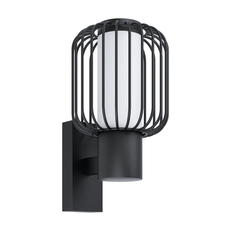 Jerbine Outdoor Wall Light in black, with a white cylindrical diffuser inside a cage of curved vertical bars, mounted on a rectangular backplate, shown against a plain white background.