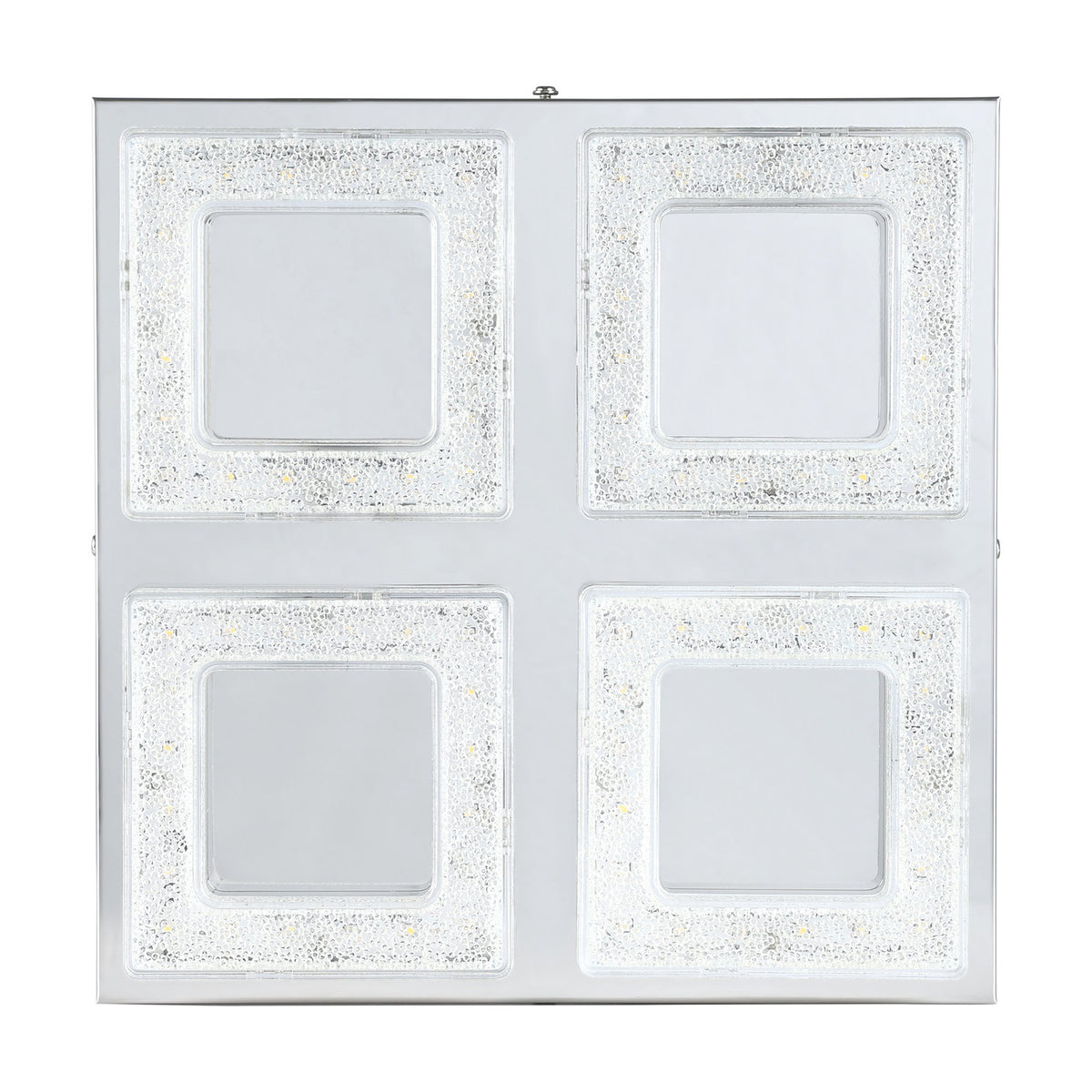 Jinelle LED 4 Light Flush Ceiling Light in chrome, square steel base with four square LED panels in sparkling glass frames and mirrored chrome centres, shown on a white background.