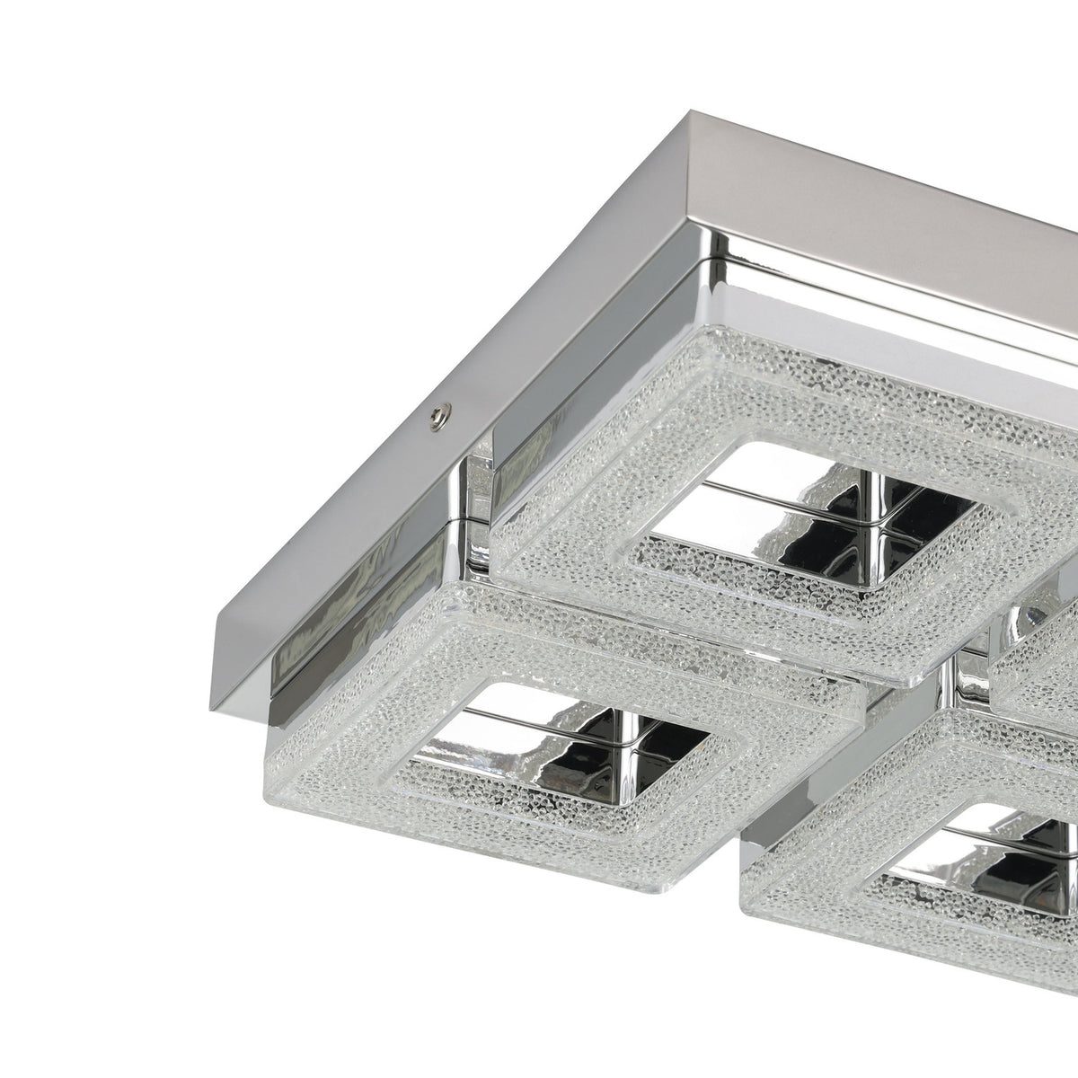 Jinelle LED 4 Light Flush Ceiling Light in chrome, close-up of two square LED panels with textured glass frames and mirrored chrome centres on a steel base, shown against a white background.