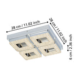 Jinelle LED 4 Light Flush Ceiling Light in chrome, square steel base with four sparkling glass-framed LED panels, shown with dimensions 28 x 28 x 6cm on a white background.