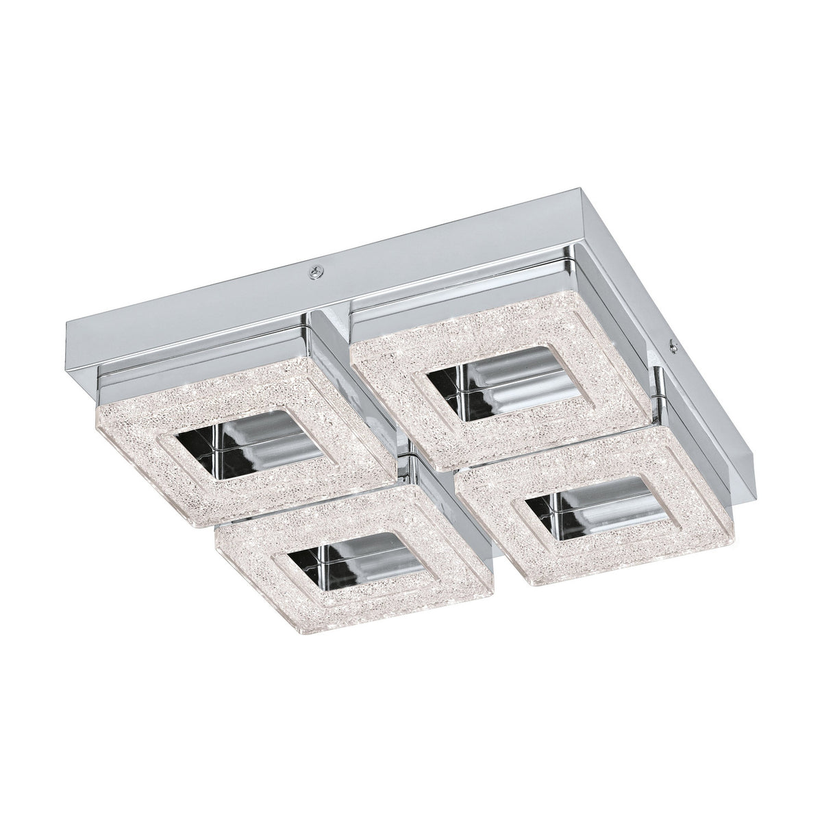 Jinelle LED 4 Light Flush Ceiling Light in chrome, square steel base with four sparkling textured glass panels around mirrored chrome centres, shown on a white background.