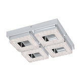 Jinelle LED 4 Light Flush Ceiling Light in chrome, square steel base with four sparkling textured glass panels around mirrored chrome centres, shown on a white background.