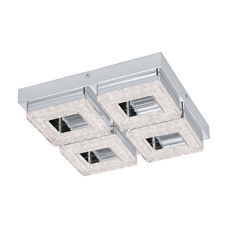 Jinelle LED 4 Light Flush Ceiling Light in chrome, square steel base with four sparkling textured glass panels around mirrored chrome centres, shown on a white background.