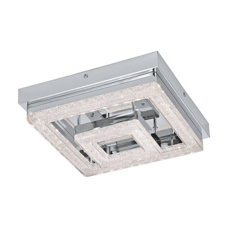Jinelle LED Flush Ceiling Light, 26 x 26cm, chrome-finish steel body with layered square crystal-effect glass panels on slim chrome posts, shown on a plain white background.