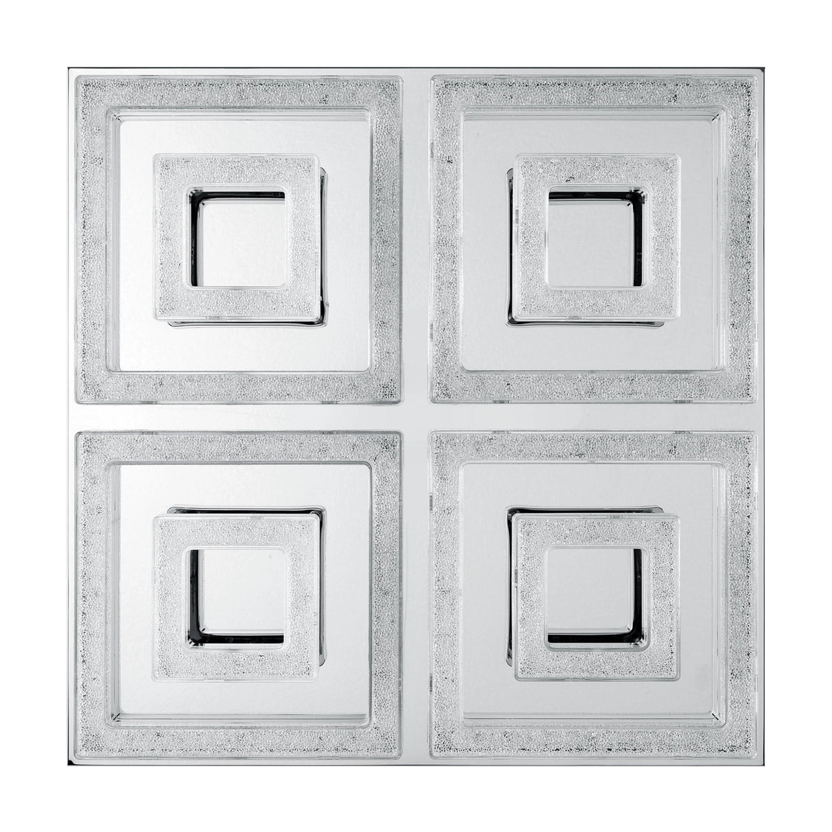 Jinelle LED flush ceiling light, 52 x 52cm square chrome fixture with four square frames, each holding a smaller square with crystal-effect edges, on a plain white background.