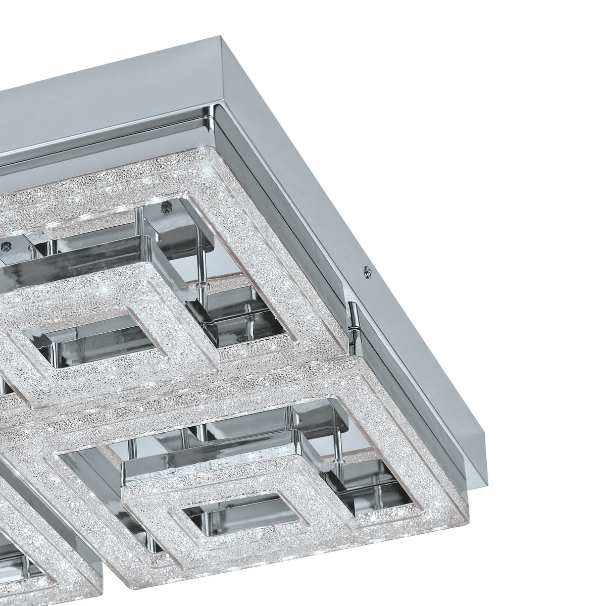 Close-up of the Jinelle LED flush ceiling light in chrome, showing square frames with crystal-effect edges and a steel body against a plain white background.