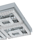 Close-up of the Jinelle LED flush ceiling light in chrome, showing square frames with crystal-effect edges and a steel body against a plain white background.