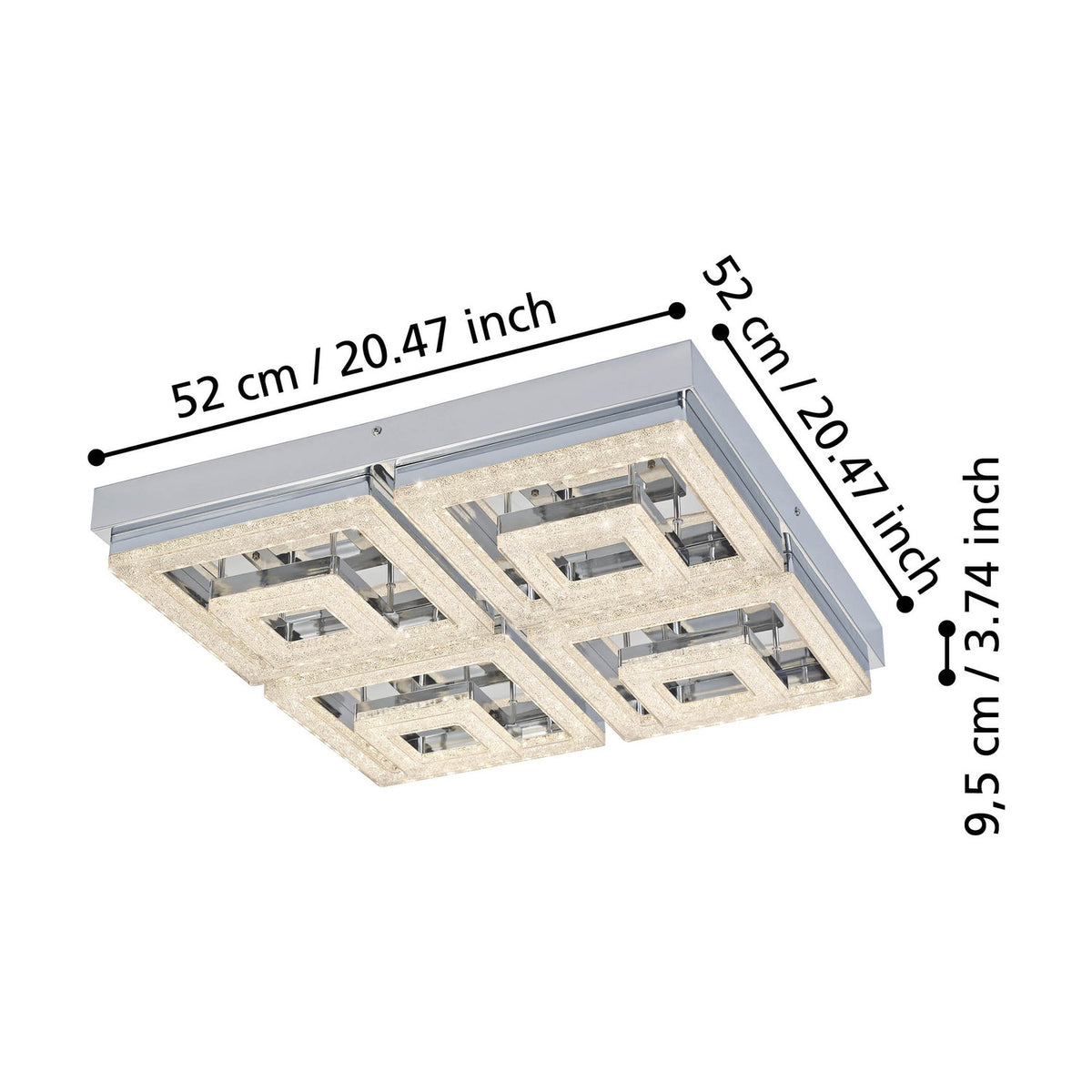 Jinelle LED flush ceiling light in chrome, 52 x 52cm square design with four crystal-effect square frames, shown with dimension labels including 9.5cm depth on a white background.