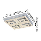 Jinelle LED flush ceiling light in chrome, 52 x 52cm square design with four crystal-effect square frames, shown with dimension labels including 9.5cm depth on a white background.