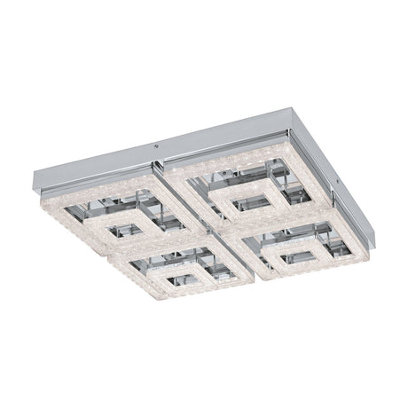 Jinelle LED flush ceiling light in chrome, 52 x 52cm square design with four crystal-effect square panels on a chrome steel body, shown on a plain white background.