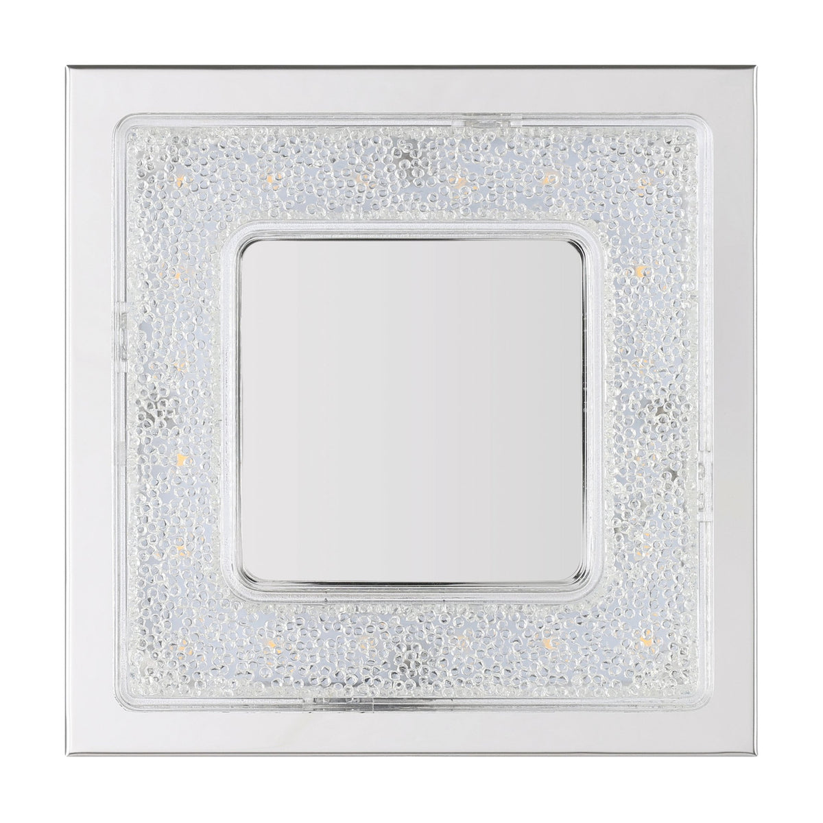 Jinelle LED flush ceiling light in chrome, square design with a sparkling crystal-effect frame around a mirrored centre, integrated LED, shown on a plain white background.