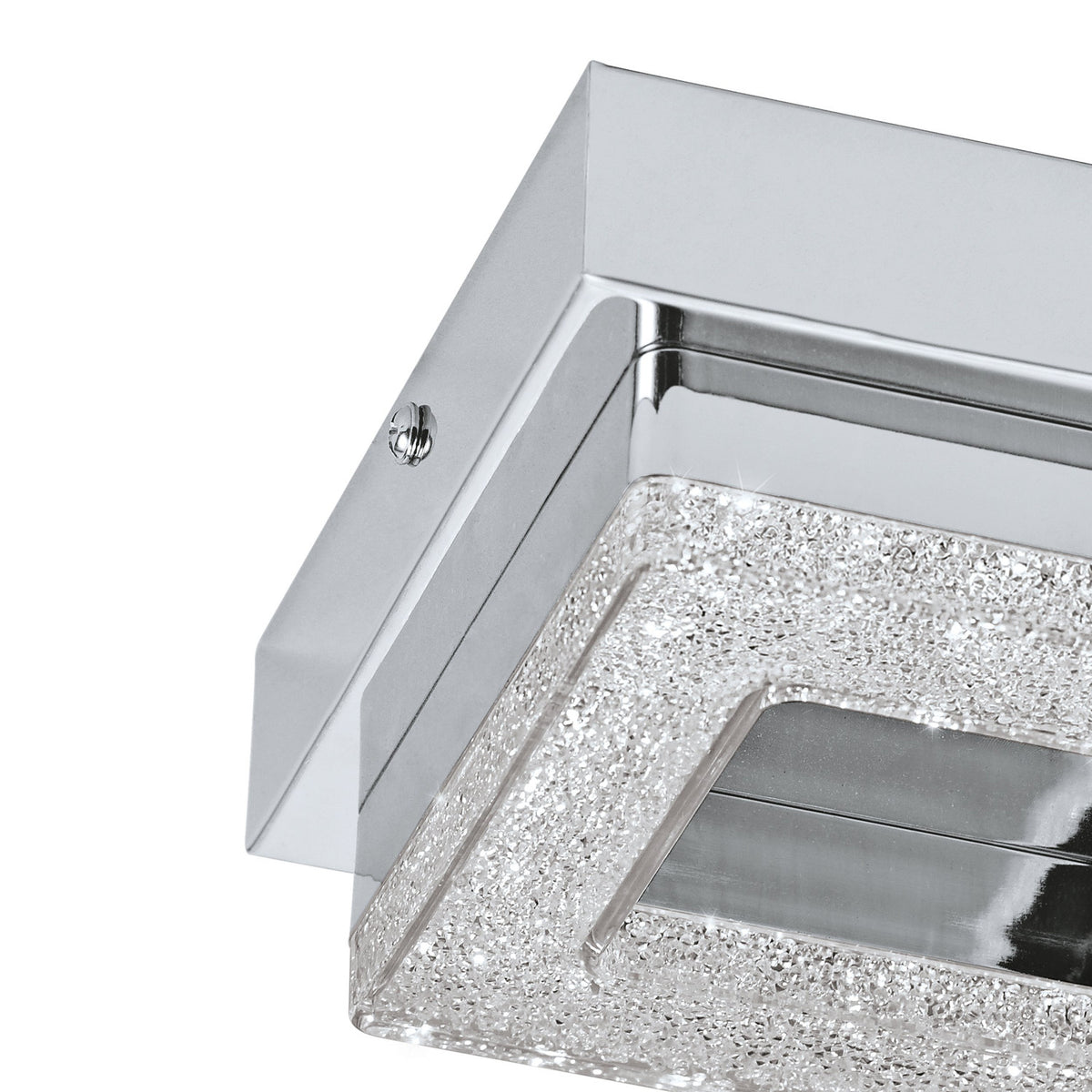 Close-up of the Jinelle LED flush ceiling light in chrome, showing the square crystal-effect frame, mirrored centre, and mounting screw detail against a white background.