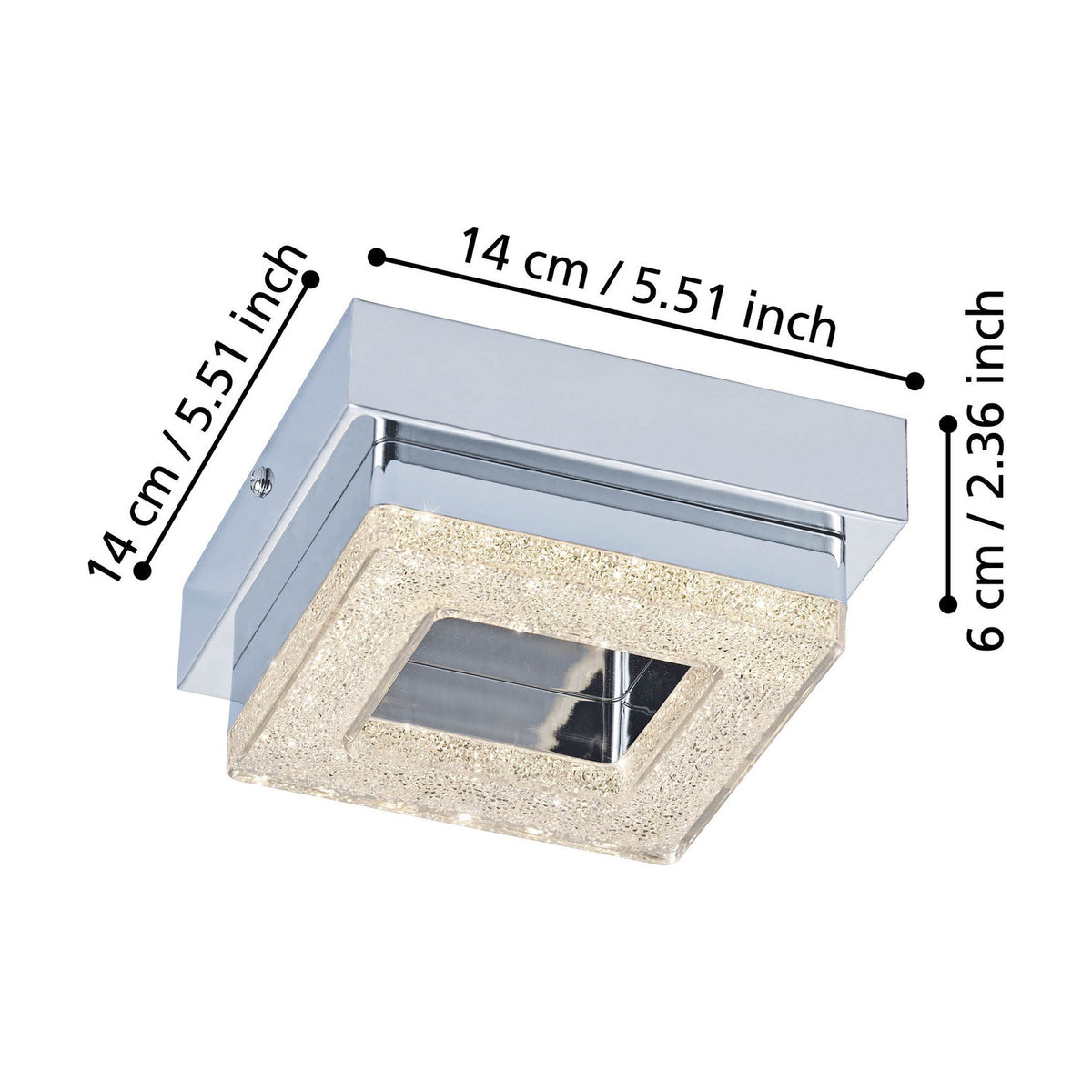 Jinelle LED Flush Ceiling Light in chrome, square design with crystal-effect frame and mirrored centre, shown with dimensions 14cm x 14cm x 6cm on a white background.