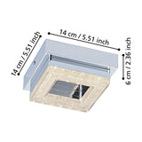 Jinelle LED Flush Ceiling Light in chrome, square design with crystal-effect frame and mirrored centre, shown with dimensions 14cm x 14cm x 6cm on a white background.