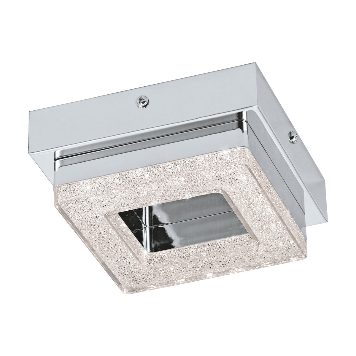 Jinelle LED Flush Ceiling Light in chrome, a compact square fixture with a sparkling crystal-effect frame around a mirrored centre, shown on a plain white background.