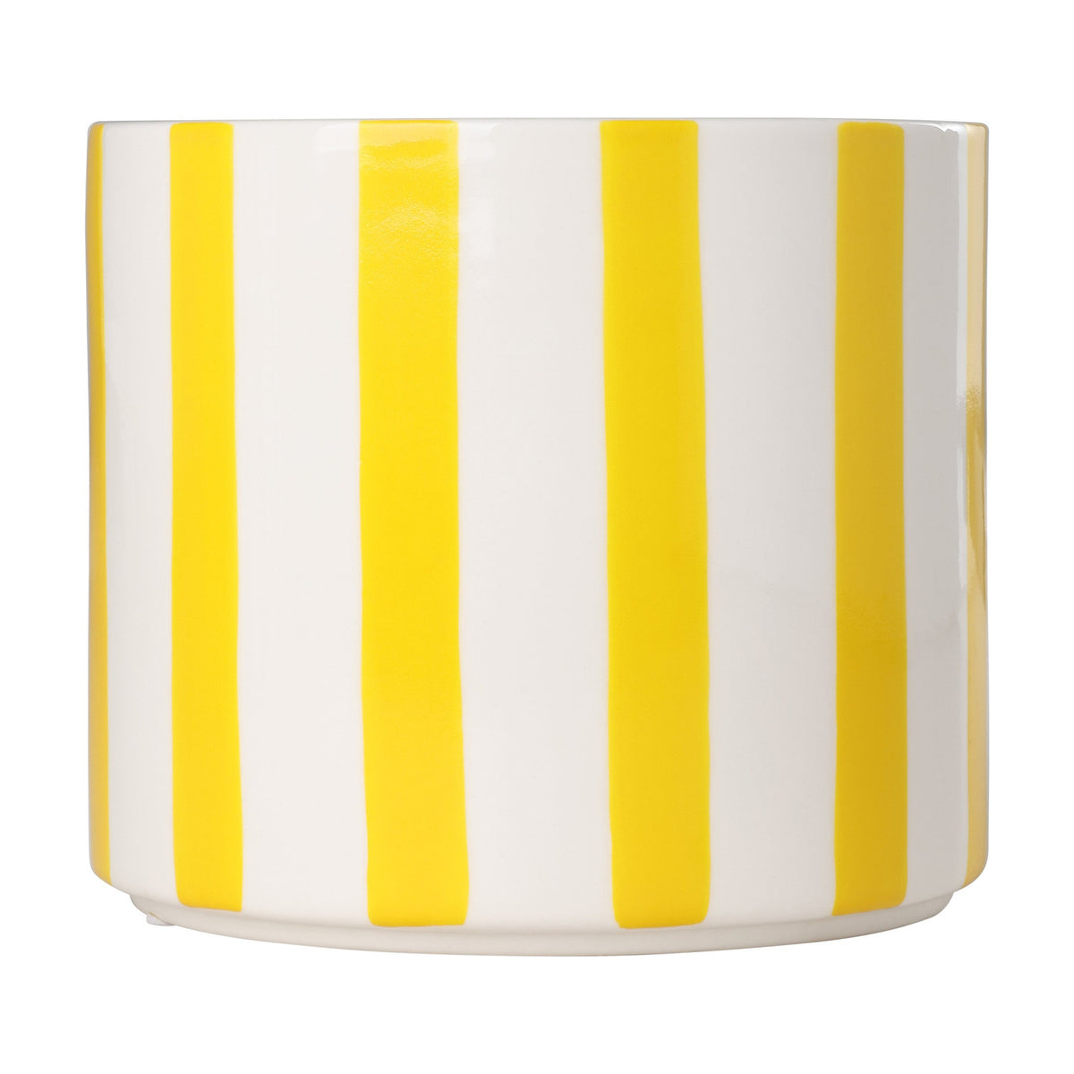 Jinjiti ceramic plant pot, 14cm, cylindrical with white glaze and bold yellow vertical stripes above a plain white base, shown on a plain white background.