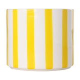 Jinjiti ceramic plant pot, 14cm, cylindrical with white glaze and bold yellow vertical stripes above a plain white base, shown on a plain white background.