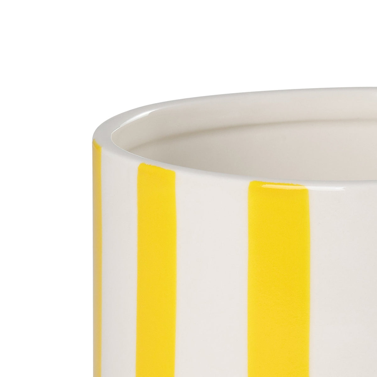 Close-up of the Jinjiti ceramic plant pot in white and yellow, showing the glazed rim and bold vertical stripes on a plain white background.