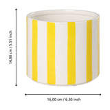 Jinjiti ceramic plant pot in white with bold yellow vertical stripes, cylindrical shape with a plain base band, shown with dimensions 14cm height by 16cm width on a white background.