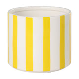 Jinjiti ceramic plant pot, 14cm, cylindrical with white glaze and bold yellow vertical stripes above a plain white base band, shown on a plain white background.