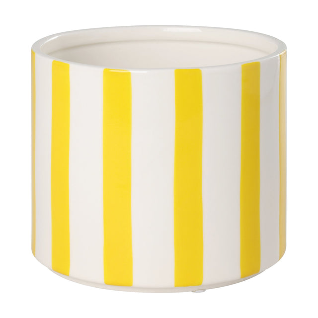 Jinjiti ceramic plant pot, 14cm, cylindrical with white glaze and bold yellow vertical stripes above a plain white base band, shown on a plain white background.
