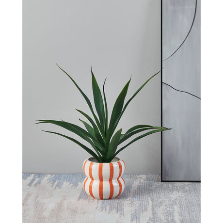 Jinjiti 15cm ceramic plant pot with white and orange vertical stripes and a glossy double-bulb shape, holding a green artificial plant in a room setting.