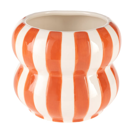 Jinjiti Ceramic Plant Pot 15cm in white and orange, with a double-bulb shape, bold vertical stripes, glossy finish, and cream-white interior, shown on a plain white background.
