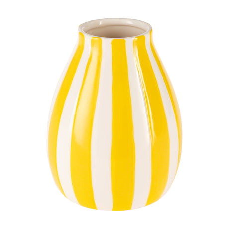 Jinjiti Ceramic Vase in white and yellow, a rounded pear-shaped body with vertical stripes and a glossy finish, shown on a plain white background.