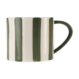 Jinjiti Mug in white ceramic with bold, brushed green vertical stripes and a solid green handle, shown on a plain white background.