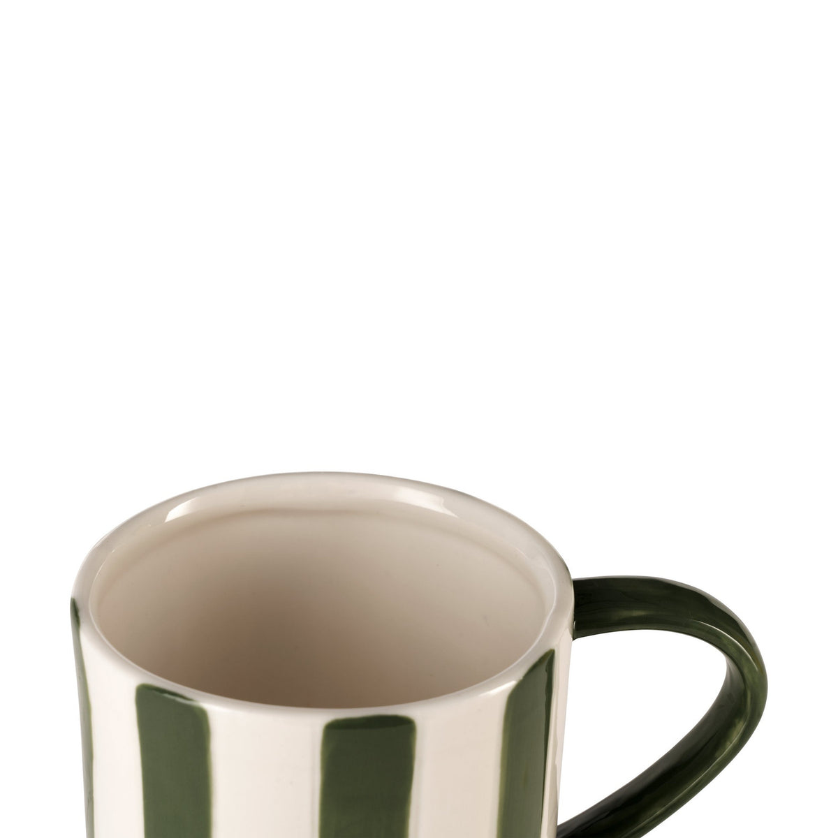 Close-up of the Jinjiti Mug in white ceramic with bold green vertical stripes and a solid green handle, shown against a plain white background.