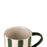 Close-up of the Jinjiti Mug in white ceramic with bold green vertical stripes and a solid green handle, shown against a plain white background.