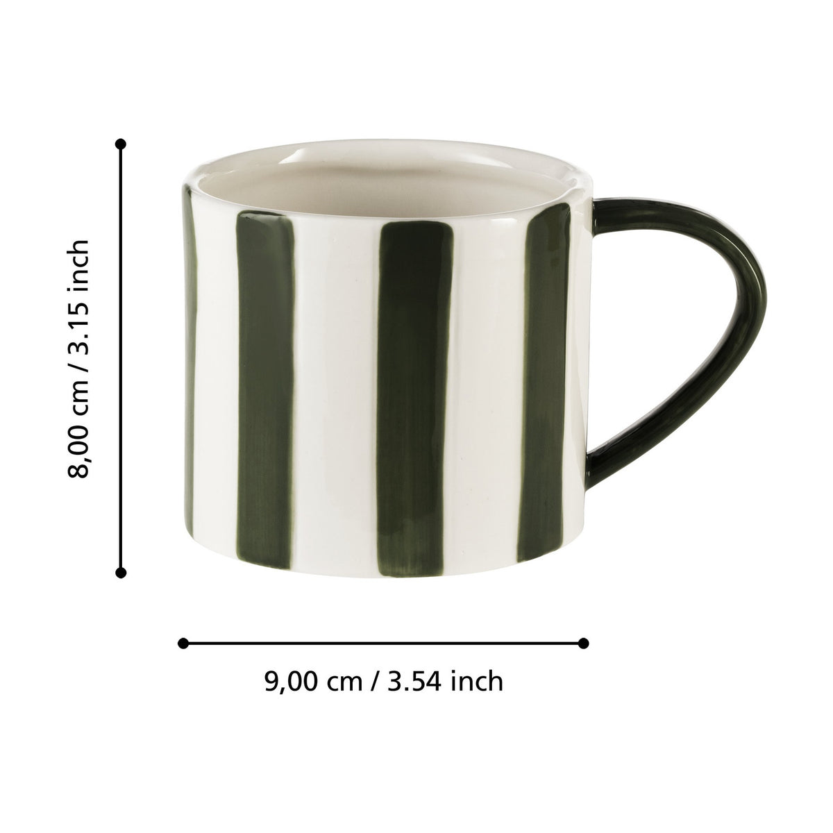Jinjiti Mug in white ceramic with bold brushed green vertical stripes and a green handle, shown with dimension markers of 8cm height and 9cm diameter on a white background.