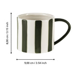 Jinjiti Mug in white ceramic with bold brushed green vertical stripes and a green handle, shown with dimension markers of 8cm height and 9cm diameter on a white background.