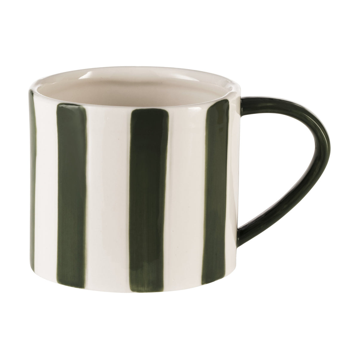 Jinjiti ceramic mug in white with bold, hand-painted vertical green stripes and a solid green handle, shown on a plain white background.