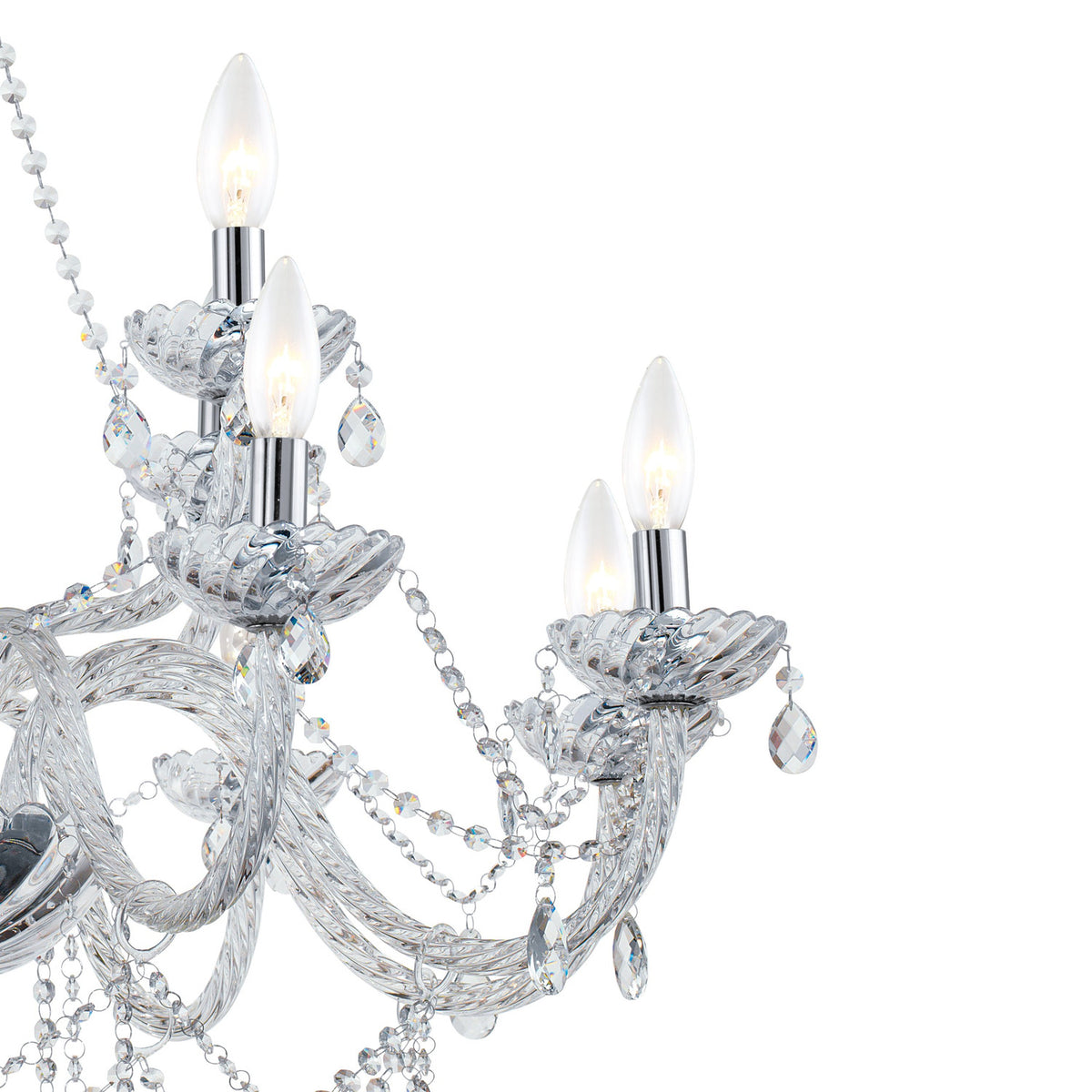 Close-up of the Joressa 12 Light Pendant in chrome, showing twisted clear glass arms, candle-style cups, lit bulbs, and looped crystal drops against a white background.