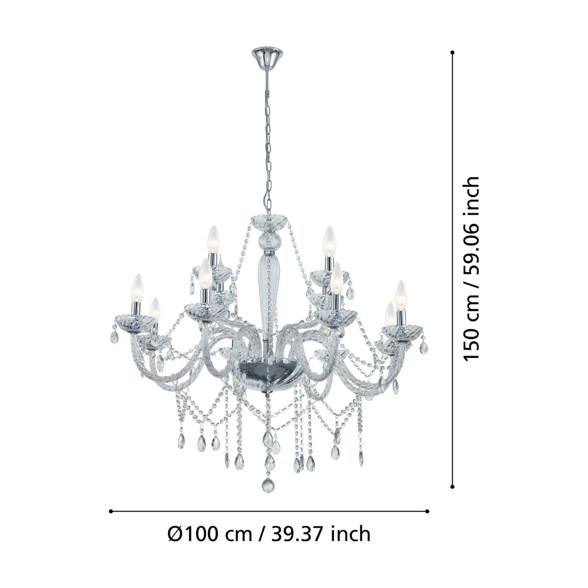 Joressa chandelier pendant in chrome with twisted clear glass arms, candle-style cups and hanging crystal drops, shown with dimensions labelled 150cm height and Ø100cm on a white background.
