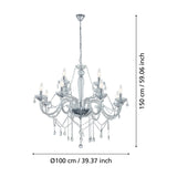 Joressa chandelier pendant in chrome with twisted clear glass arms, candle-style cups and hanging crystal drops, shown with dimensions labelled 150cm height and Ø100cm on a white background.