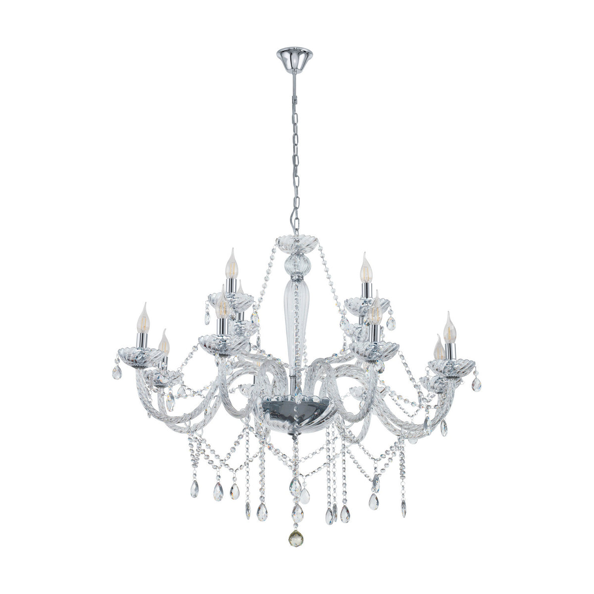 Joressa chandelier pendant in chrome with twisted clear glass arms, candle-style cups, and looped crystal drops, hanging from a chrome chain on a plain white background.