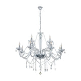 Joressa chandelier pendant in chrome with twisted clear glass arms, candle-style cups, and looped crystal drops, hanging from a chrome chain on a plain white background.