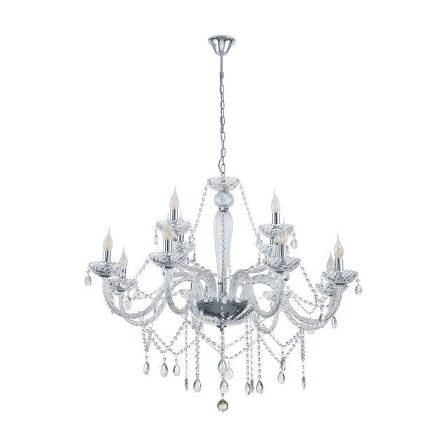 Joressa chandelier pendant in chrome with twisted clear glass arms, candle-style cups, and looped crystal drops, hanging from a chrome chain on a plain white background.