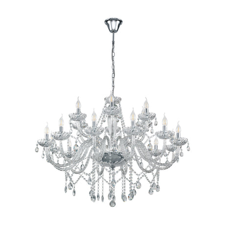 Joressa 18-light chandelier with chrome finish, two-tier clear twisted glass arms, candle-style bulbs, faceted drops, beaded swags, and chrome chain, on a white background.