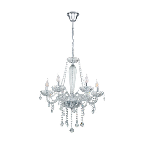 Joressa Clear Glass 6 Light Pendant in chrome, chandelier-style with curved glass arms, candle-style bulbs, beaded swags and faceted drops, shown on a plain white background.