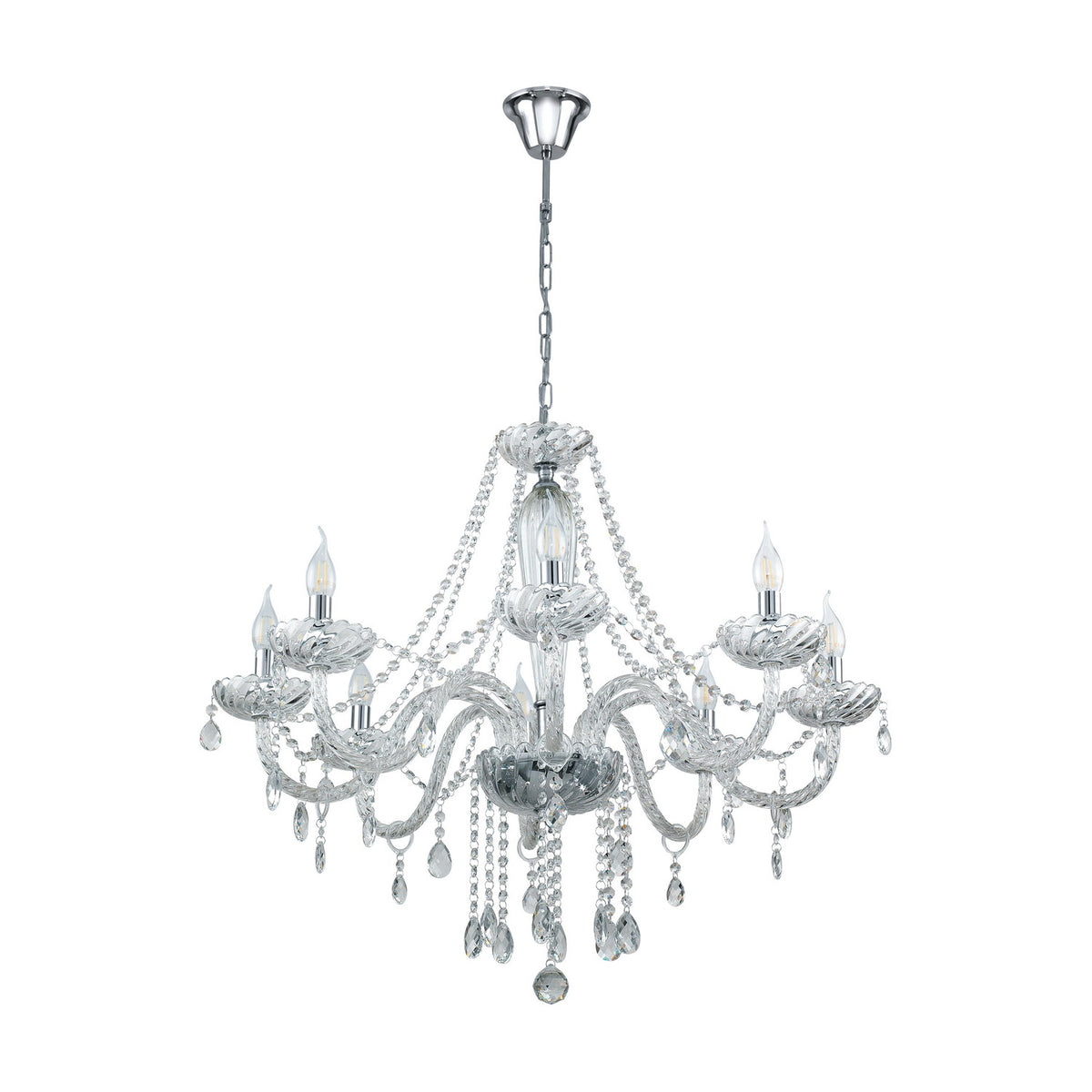 Joressa 8-light chandelier pendant with curving clear glass arms, chrome chain, canopy and fittings, beaded swags and faceted drops, shown on a plain white background.