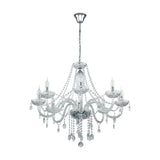 Joressa 8-light chandelier pendant with curving clear glass arms, chrome chain, canopy and fittings, beaded swags and faceted drops, shown on a plain white background.