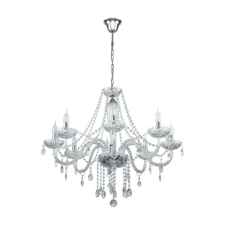 Joressa 8-light chandelier pendant with curving clear glass arms, chrome chain, canopy and fittings, beaded swags and faceted drops, shown on a plain white background.