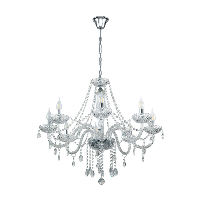 Joressa 8-light chandelier pendant with curving clear glass arms, chrome chain, canopy and fittings, beaded swags and faceted drops, shown on a plain white background.