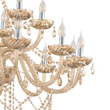Close-up of the Joressa 18-light pendant chandelier, showing twisted cognac glass arms, chrome candle sleeves, faceted glass droplets, and chrome fittings against a white background.