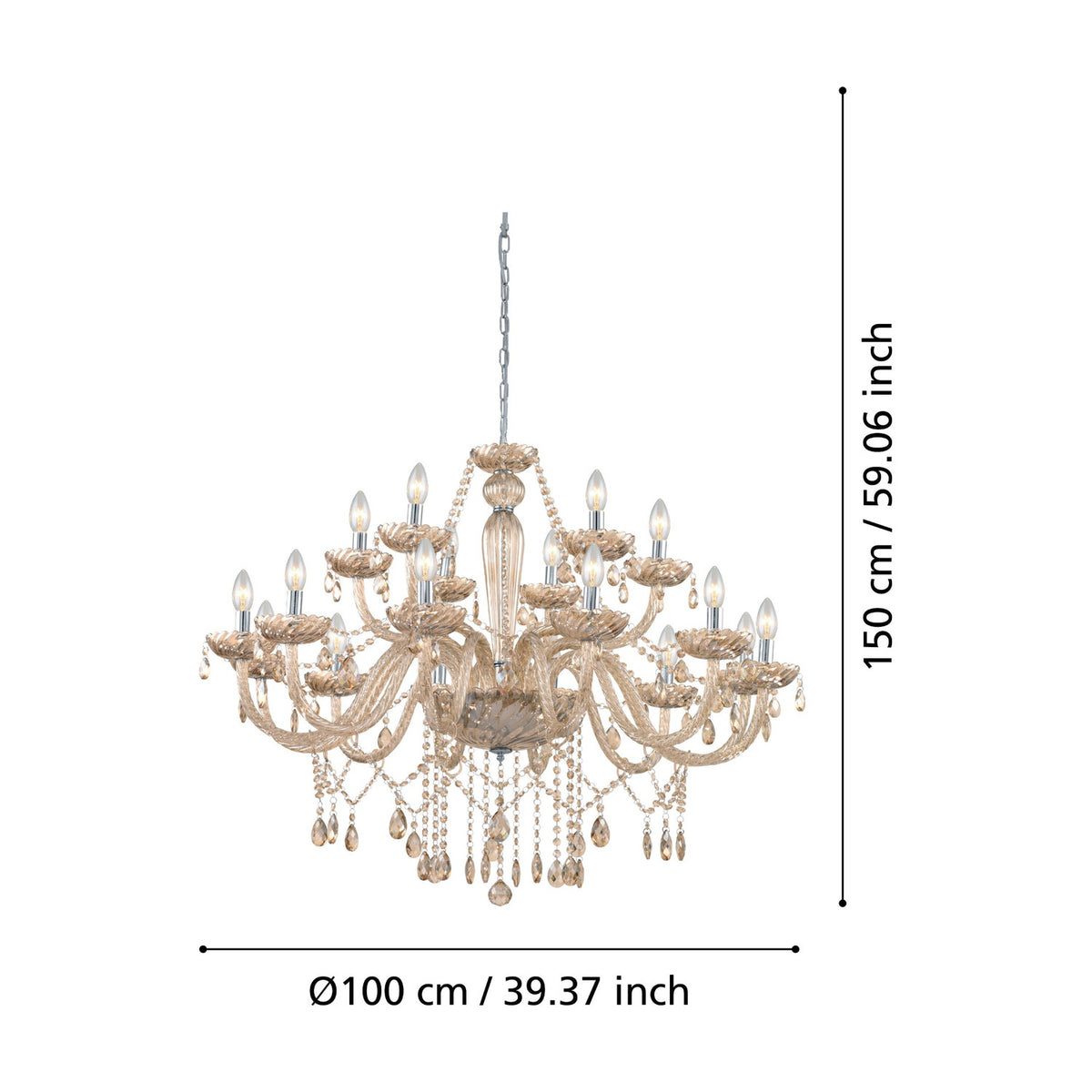 Joressa Glass 18 Light Pendant in chrome, a two-tier chandelier with cognac glass arms, candle lights, and faceted droplets, shown with dimensions on a white background.