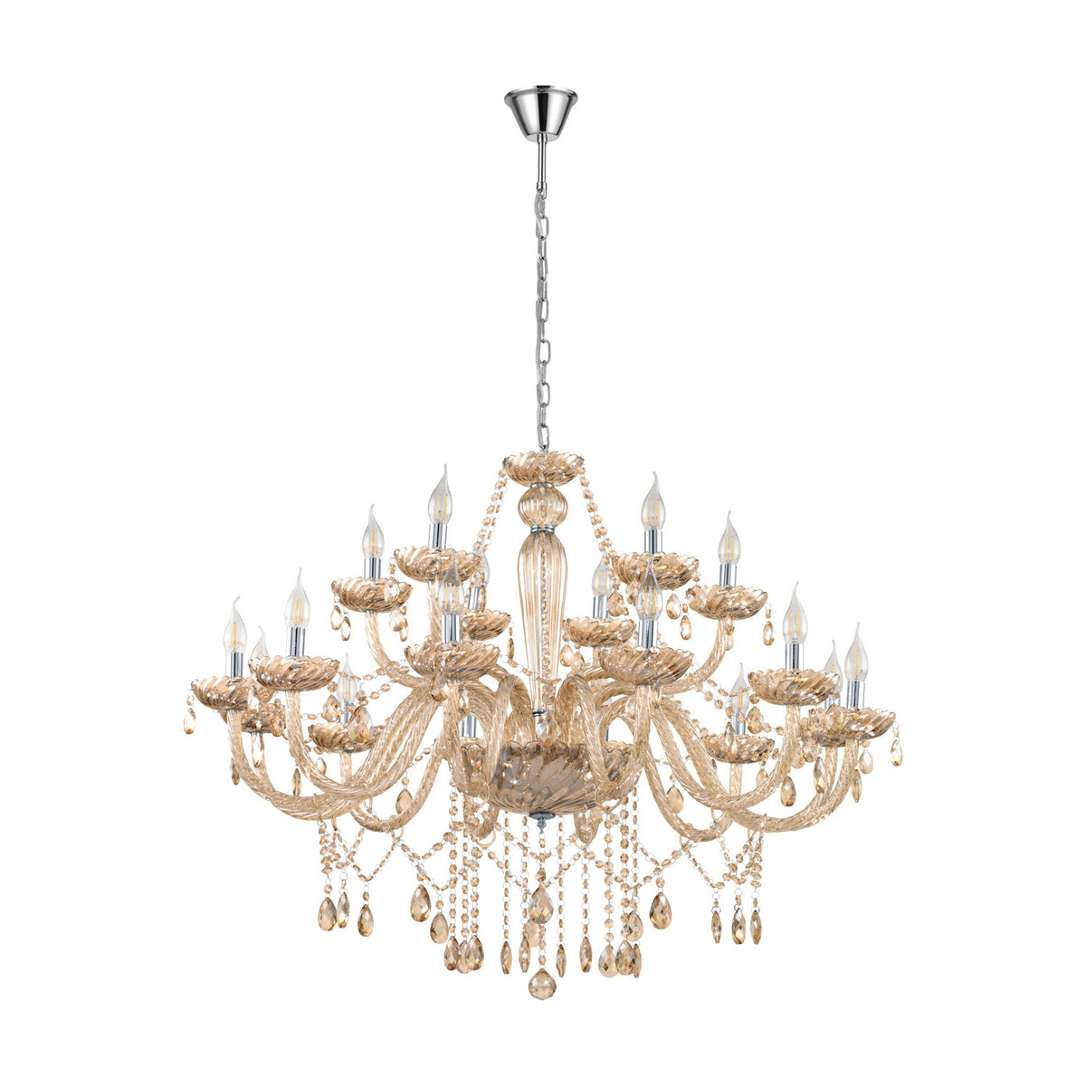Joressa Glass 18 Light Pendant in chrome, a two-tier chandelier with twisted cognac glass arms, candle sleeves, and faceted glass droplets, hung on a chrome chain against a plain white background.